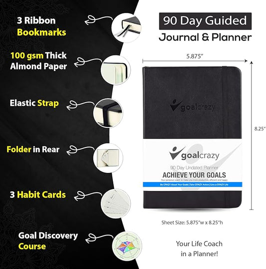 Undated Planner – 90 Day Guided Journal & Productivity Organizer, A5 Daily & Weekly Planner 2025 2026 with Goal Setting, Habit Tracker, To Do List, Academic & Work Calendar, Leather Hardcover - Black