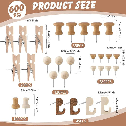 600 Pcs Decorative Push Pins, Wood Brown Thumb Tacks 6 Types Cute Push Pin Clips for Bulletin Board Wall Cork Board Colorful Classroom Decor Teacher Must Haves Supplies School Crafts Project