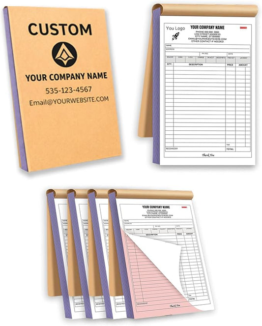 Custom Carbonless Invoice Book with Logo, Personalized Cover & Inner Pages, 2 Part NCR Receipt & Work Order Forms, Easy Tear, Writing Shield for Small Business (2-Part [White/Red], 8.3 x 5.5INCH)