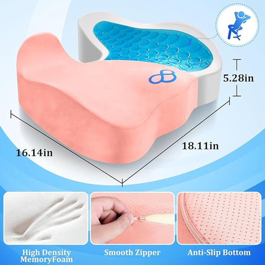 CushyOasis Seat Cushion, Chair Cushions, Office Chair Cushions, Anti-Slip Bottom & Removable Cover Tailbone Pain Relief Cushion, Memory Foam Seat Cushion, 5.28 in Thick (Pink)