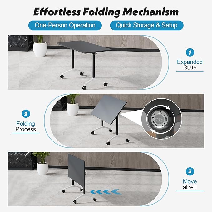 Goakwwuz Conference Room Table, Folding Conference Tables,Thicken Grey Tabletop,Flip Top Wooden Seminar Meeting Room Table for Conference Room Offices (2, Black, 70.8”)