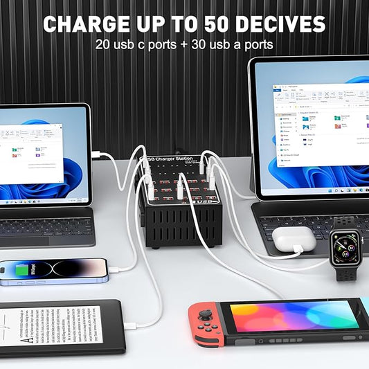 250W Charging Station for Multiple Devices, (20 USB C+30 USB A), Stations for MacBook, iPhone, Android Cell Phone, iPad, Tablet, Family Multi-Device Organizer Charging Dock (Black)