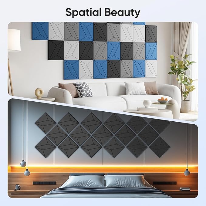 UNECHO 12 Pack 12" X 12" X 0.4" Acoustic Panels for Wall Sound Absorbing, P-Stripes Square Self-Adhesive Sound Panel, High Density Suitable for Multiple Scenarios(Snow White)