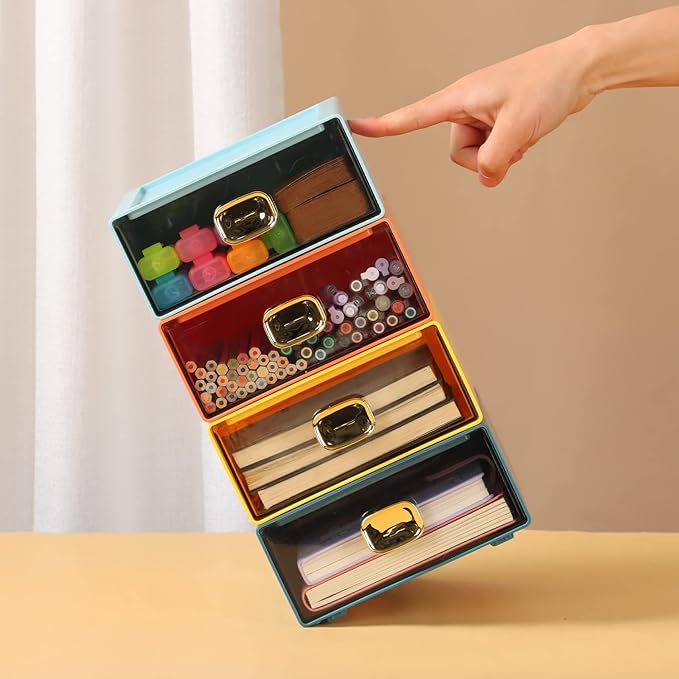 Spacious Desk Drawers, Stackable Desktop Organizer, Plastic Storage Box for Office, School & Home Supplies (1 Middle & 2 Small Drawers, White)