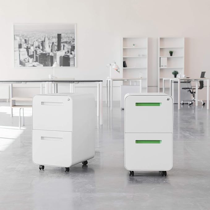 Laura Davidson Furniture Stockpile 2 Drawer Mobile File Cabinet with Lock - Under Desk Metal Filing Cabinet, Legal/Letter File Folders, Wheels and Stationary Feet, Pre-Assembled, White/Wood