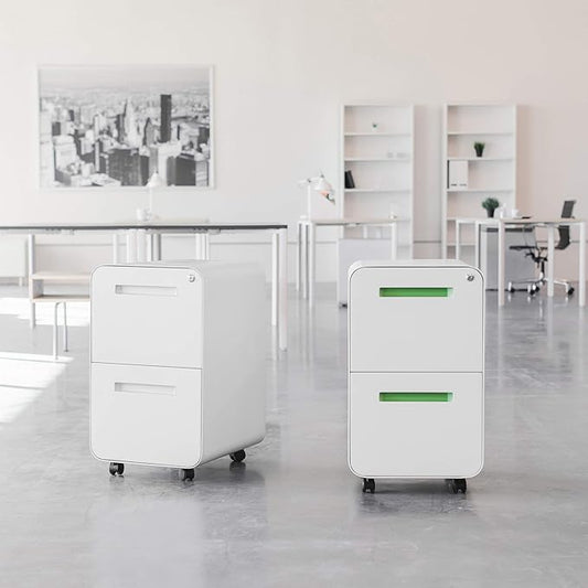 Laura Davidson Furniture Stockpile 2 Drawer Mobile File Cabinet with Lock - Under Desk Metal Filing Cabinet, Legal/Letter File Folders, Wheels and Stationary Feet, Pre-Assembled, White/Wood