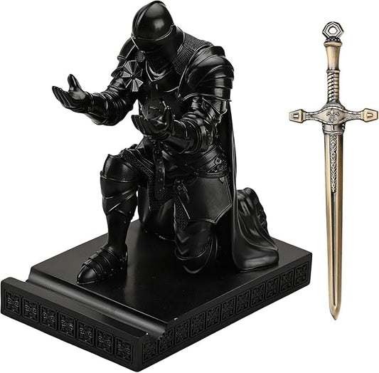 Amoysanli Medieval Armored Warrior Wearing Outerwear, Mobile Phone Stand Knight Pen Holder Desk Organizers, Resin Bookends Paperweight with a Letter Opener for Desk (Black)