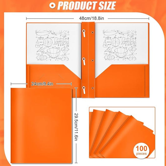 Lincia 100 Pcs Plastic Folders with Pockets and Prong Folders with Prongs 2 Pockets for Office, School for Students, Teachers, Office Workers(Orange)