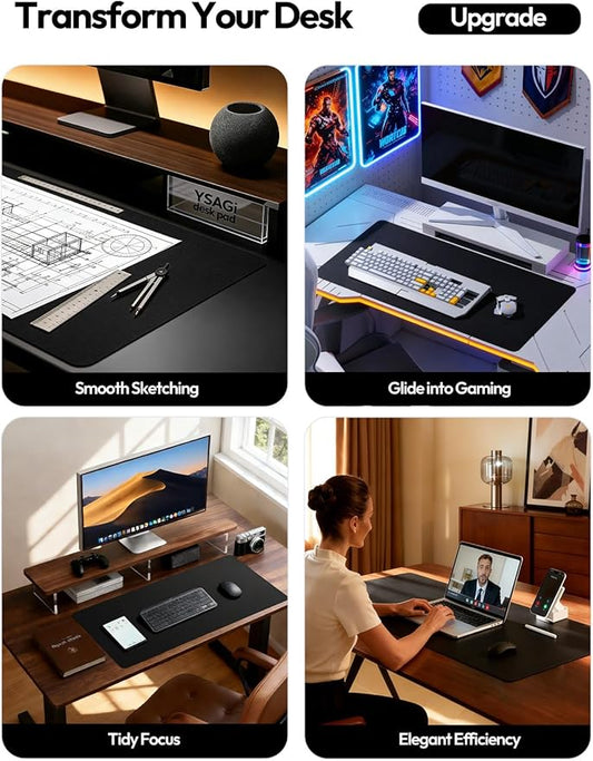 YSAGi Leather Desk Protector, Office Mat, Large Mouse Mat, Non-Slip PU Leather Blotter, Laptop Pad, Waterproof Writing Pad for Office and Home (Black, 47" x 17")