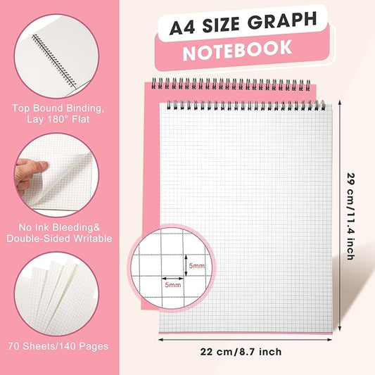 Engrowtic 1 Pack Top Spiral Graph Paper Notebooks 8.7 X11.4 Inch A4 Grid Paper Notepad 70 Sheet Memo Steno Pad for Engineering Writing Sketching Drawing School Office Supplies (Pink)