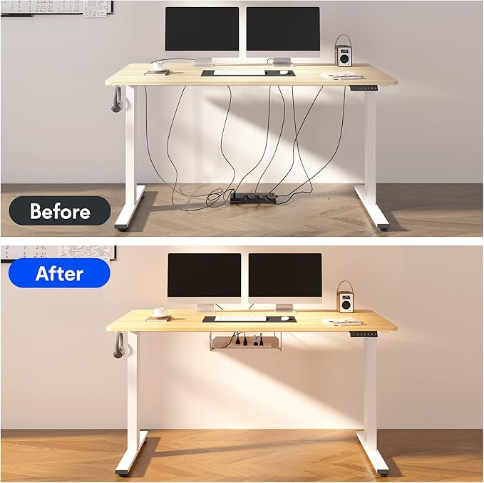 FLEXISPOT EN2 Whole-Piece Standing Desk with Clamp Power Strip, 55 x 28 Electric Stand Up Height Adjustable Desk with Cable Management (Black Frame + 55" Maple Top, 2 Packages)