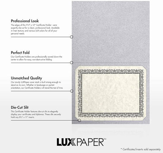 LUXPaper 9.5" x 12" Certificate Holders | Silver Metallic | 105lb. Cover | 50 Qty