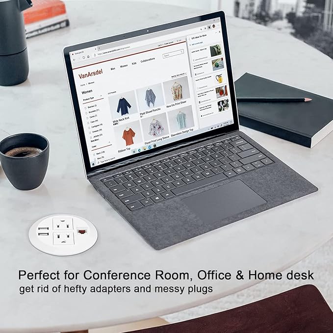 Power Grommet 3 Inch for Desktop, Recessed Desk Outlet with 2USB, 2 AC, 1 Network RJ45 Port & 10Ft Cord, Flush Mount Power Strip Table Power Hub for Countertop, Office, Furniture(White)