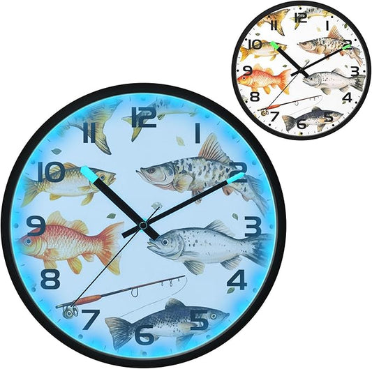 Vozoza Fishing Underwater 12 Inch Analog Wall Clocks Battery-Operated with Led Lights for Living Room Bedroom Kitchen Office Decor, Battery Not Included