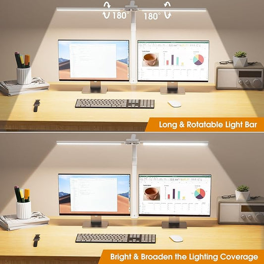 SIBRILLE LED Desk Lamp for Home Office - Eye-Caring Computer Desk Light with Clamp, Adjustable Work Lamp with Color Changing, Dimmable Double Head Monitor Light with Gooseneck, White