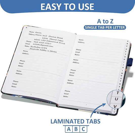 Comkiso Address Book with Individual Alphabetical Tabs Laminated, Large Print Address Book with 468 Wide Lining Entry Spaces, Change of Address Labels, Hardcover Address Book 5.7 x 8.5" - Bloom