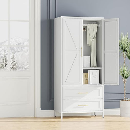 SUPEER Metal Wardrobe Cabinet with 2 Drawers and Hanging Rod, 70.9" H Metal Armoire Wardrobe Closet with Adjustable Shelf for Bedroom, Laundry Room, Home,Office,Installation Required,White