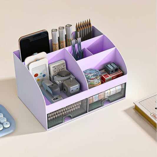 Desk Organizer with 6 Compartments and 2 Drawers, Plastic Makeup Organizer, Pen Holder for Desktop Storage, Desk Organization for School, Home, Office Supplies (Purple)