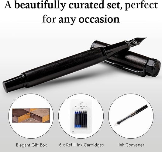 Ellington Pens Luxury Wood Fountain Pen Set – Extra Fine Nib - Includes 6 Ink Cartridges, Wooden Pen Gift Box, Ink Converter - Wood Pen For Writing, Calligraphy, Journaling, Drawing (Ebon Elegance)