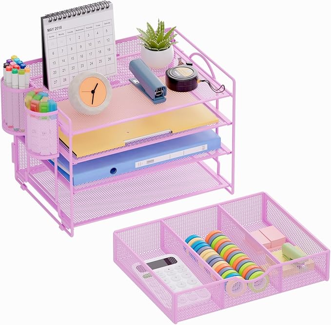 Marbrasse 4-Trays Desk File Organizer with 2 Pen Holder (Purple, Letter)