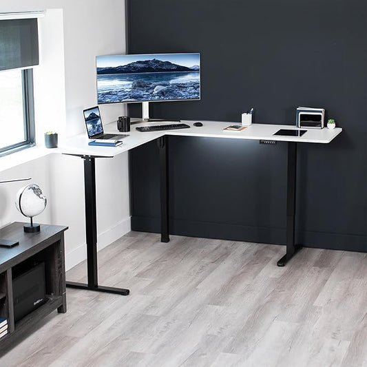 VIVO Electric Corner 75 x 63 inch L-Shaped Standing Desk, Memory Height Adjustment, White Top Black Frame, DESK-E3CTBW-75