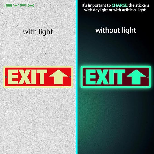 iSYFIX Exit Signs with Directional Up Arrow, Glow in the Dark, Photoluminescent Aluminum 12x4 Inch - 6 Pack, Laminated for UV & Weather Resistance, Ideal for Offices, Schools, Theaters & More