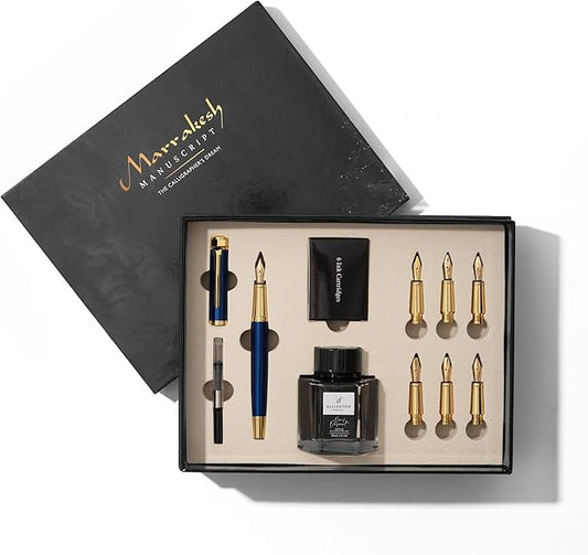 Ellington Pens Luxury Calligraphy Set - Premium Fountain Pen with 6 Nibs, 50 ml Black Ink Bottle, 6 Cartridges, Converter, Elegant Gift Box – Perfect for Drawing, Writing, Gifting (Nautilus)