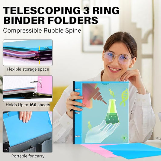 MAKHISTORY Telescoping 3 Ring Binder-12PCS, Flexible Binder with Customized Front Cover+Clear Catalog Pocket+3 Round Rings, Flat Writing Binder, 4 Bright Colors