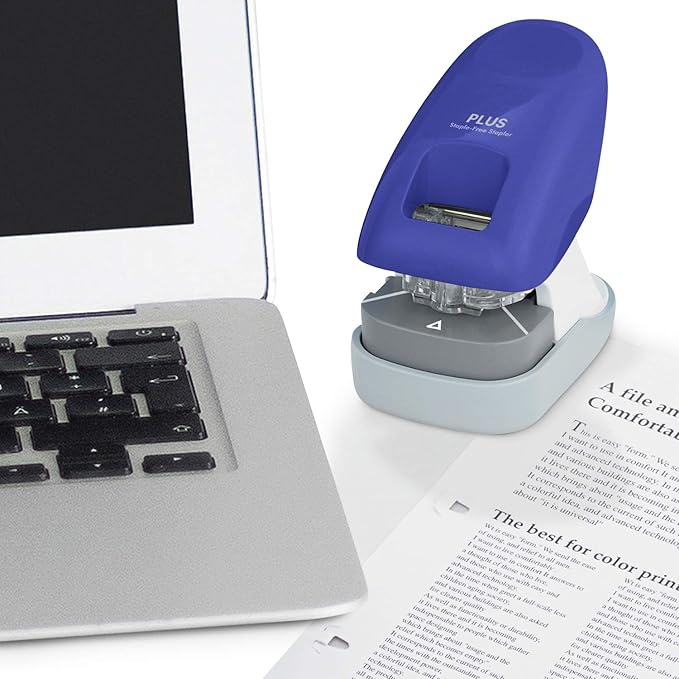 Plus Paper Clinch Desktop Staple-Free Stapler — Blue