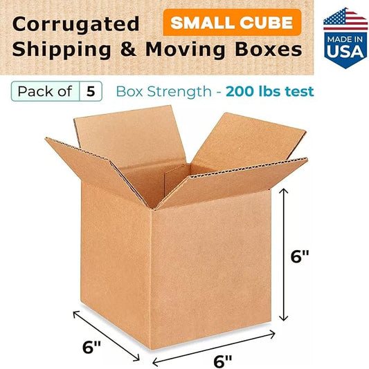 Small Cube Moving & Shipping Boxes 6 x 6 x 6 inches (5-Pack) - Extra Strength 200 lb vs Regular - Corrugated Moving Boxes for USPS/FEDEX - Packing Box for Moving - Cardboard Box by IDL Packaging