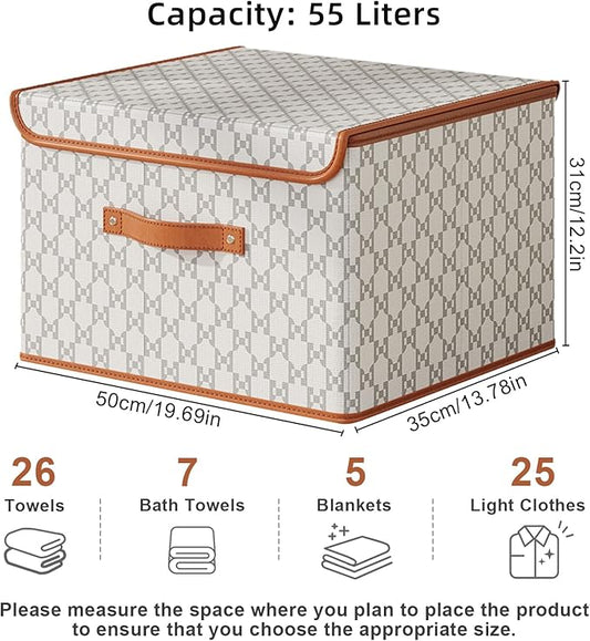 Tuza 2 Pack Fabric Storage Bins with Lids, Collapsible Closet Organizer Container, Decorative Storage Boxes with Lids for Organizing Clothes, Blanket, Grey & White, Extra Large