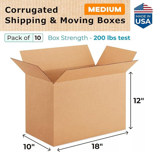 Medium Shipping & Moving Boxes 18x10x12 inches (10-Pack) - Extra Strength 200 lb vs Regular - Corrugated Durable Moving Boxes - Heavy Duty Box, Made in USA - Cardboard Moving Box by IDL Packaging