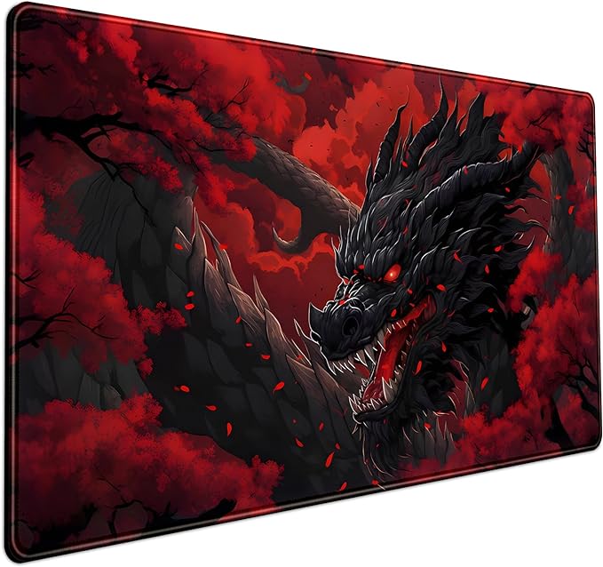 Huge Dragon Large Mouse Pad - Red and Black Mousepad, Big Full Keyboard and Mouse Pad with Stitched Edges, Anti-Slip, Funny Desk Pad, 31.5 X 15.8 in.