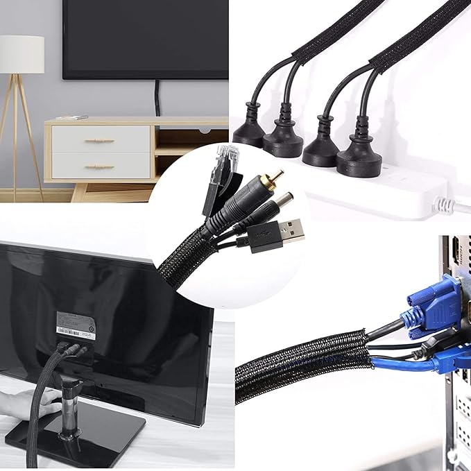 QCSIW 25ft – 1" Split Braided Cable Sleeve – Self-Wrapping Wire Loom Cord Protector for Power Cords, PC, TV, Automotive, and Audio Cable Management – Flexible Cable Organizer – Black