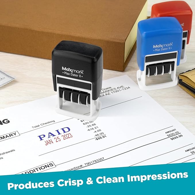 MaxMark Self-Inking Rubber Date Office Stamp with Entered Phrase & Date - Blue Ink (Max Dater II), 12-Year Band