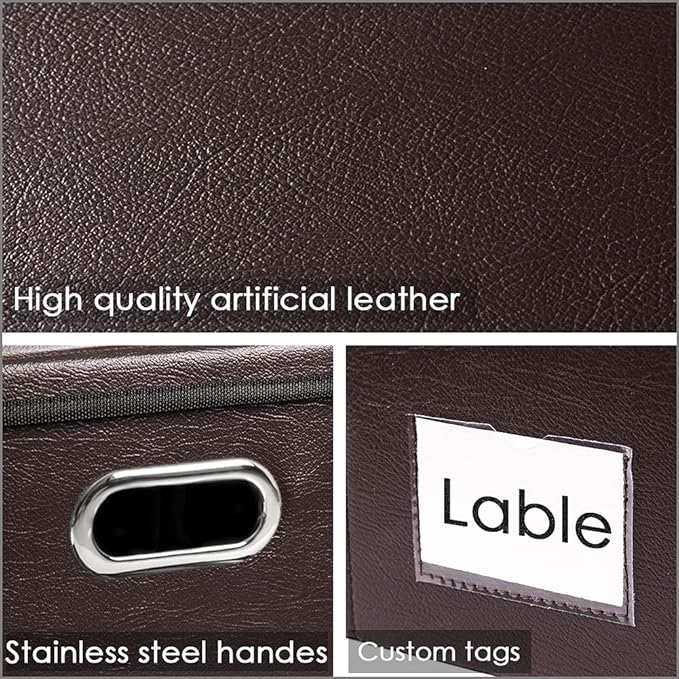 PRANDOM Collapsible Storage Box with Lid [3-Pack] Leather Fabric Foldable... (..