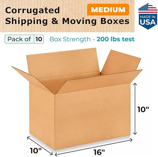 Medium Shipping & Moving Boxes 16x10x10 inches (10-Pack) - Extra Strength 200 lb vs Regular - Corrugated Packing Boxes for Moving - Cardboard Box, Made in USA - Packaging Box by IDL Packaging