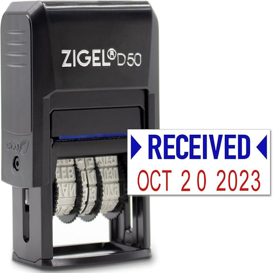 ZIGEL D50 Date Stamp with Received - Self Inking Date Stamp - Blue/Red