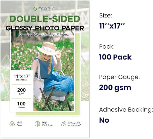 Double Sided 11x17 Glossy Photo Paper, Goefun 200 GSM/54 LB Inkjet Photo Paper for Dye Ink, 100pack