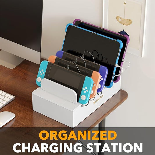 SpaceAid Bamboo Charging Station for Multiple Devices, Cell Phone Docking Stations for Multi Laptop, Tablets and iPads, Nightstand Bedside Desk Device Charger Organizer (White)