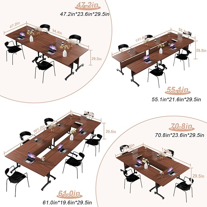 Conference Table Flip Top Mobile Conference Room Tables,Folding Conference Table with Wheels,Large Meeting Training Seminar Table Saving Space for Office Classroom(4D,70.8'')