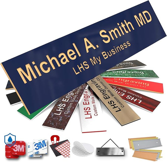 Engraved Custom Door Plate Navy Blue Plastic Office Door Sign with Gold Letters - Made in USA 2x8 B10