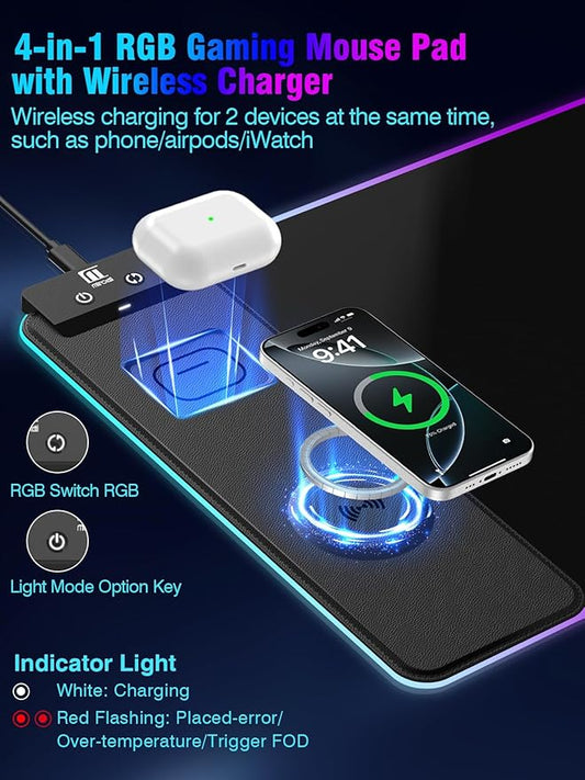Mouse Pad with Magnetic Wireless Charging, Large Desk Pad Protector, RGB Black Mousepad Desk Mat with 15W Fast Charger, 4mm Thick Non-Slip, Waterproof Laptop Writing Pad for Office, Home, Gaming