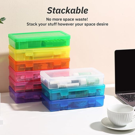 novelinks Stackable Plastic Clear Storage Box Containers with Latching Lid - Art Craft Supply Organizer Storage Containers for Pencil Box, Crayon, Beads, Jewelry (9 Pack Medium -Color)