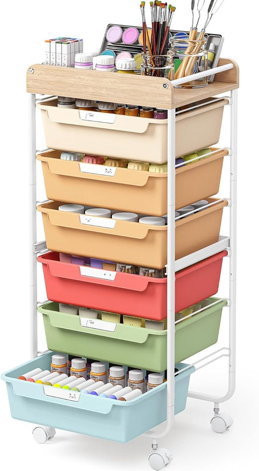 Rolling Storage Utility Cart With 6 Drawers,Art Supply Craft Organizer,Sewing Makeup Organizer And Storage,Office Organization Wooden Tabletop,Rainbow