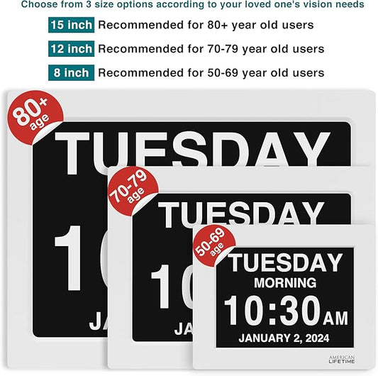 American Lifetime 【New 2024 Dementia Clock Large Digital Clock for Seniors, Digital Clock Large Display, Custom Alarms, Clock with Day & Date for Elderly, Large Number Digital Clock White, 15 Inch