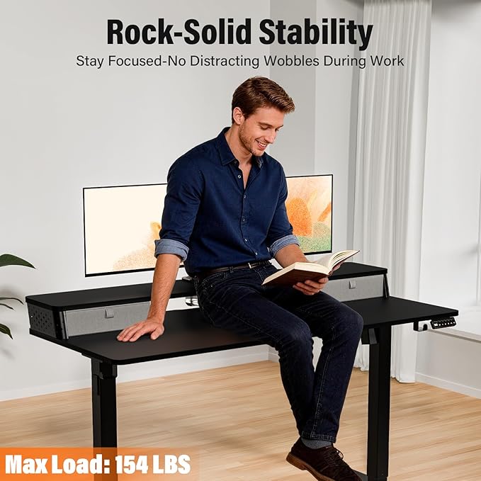 Kingant 48 x 24 Inch Electric Standing Desk with Dual Drawers, Height Adjustable Sit to Stand Computer Desk with Storage Shelf and C-Clamp Mount Compatibility for Home Office, Black