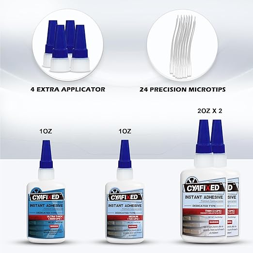 CYAFIXED CA Glue for Woodworking - 2 Bottles Thin Viscosity 2 oz with 1 oz Medium Viscosity and 1 oz Ultra Thick Viscosity, Cyanoacrylate Adhesive for Woodturning, Wood Bonding and Gap Filling