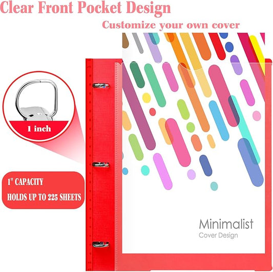 INFUN 1 Inch Telescoping 3 Ring Binder - 4PCS, Flexible Round Binder with Customizable Front Cover and Clear Catalog Pocket, 1 Inch Rings, 225 Sheet Capacity- Green, Red, Orange, Blue