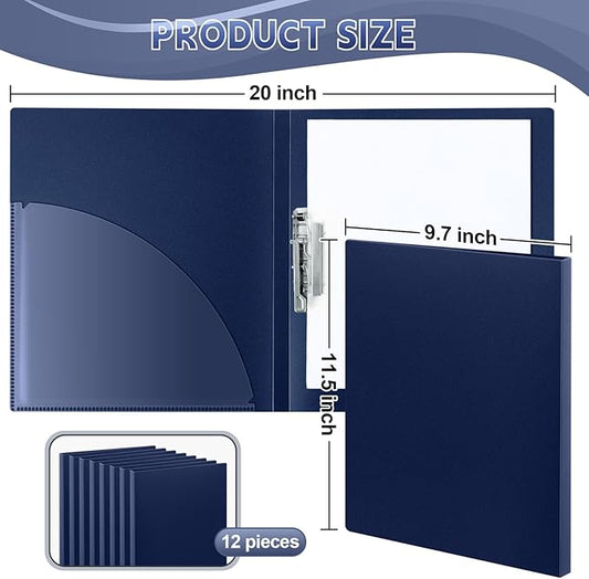 Teling 12 Pack Punchless Clamp Binder Folder 8.5 x 11 Inch Ringless Binder Holds with Pocket, Flexible Metal Clip and Poly Covers, 100 Letter Size Pages, for Work, School(Navy Blue)